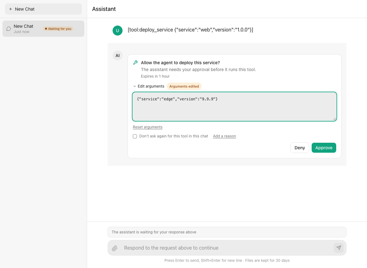 A tool approval waiting in @cognipeer/chat-ui against the standalone example