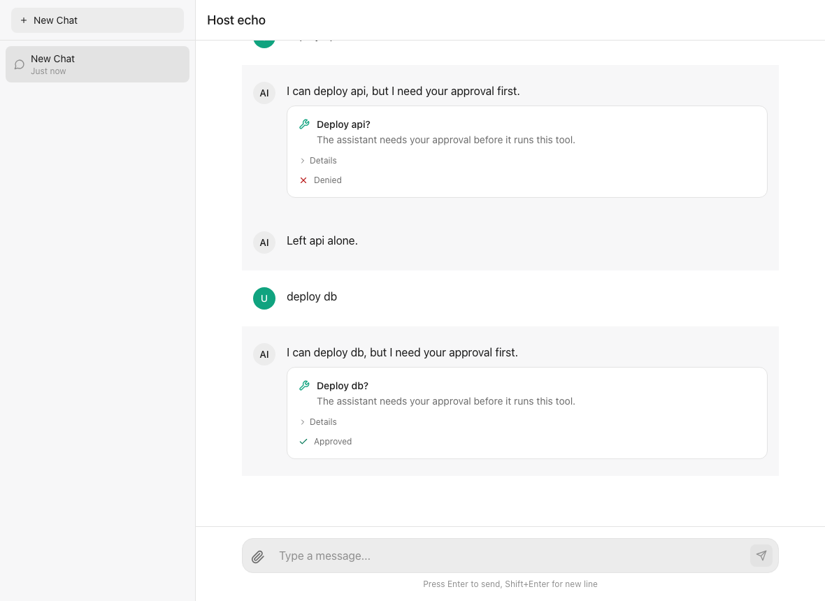 A conversation history in which one approval shows Denied and a later one Approved