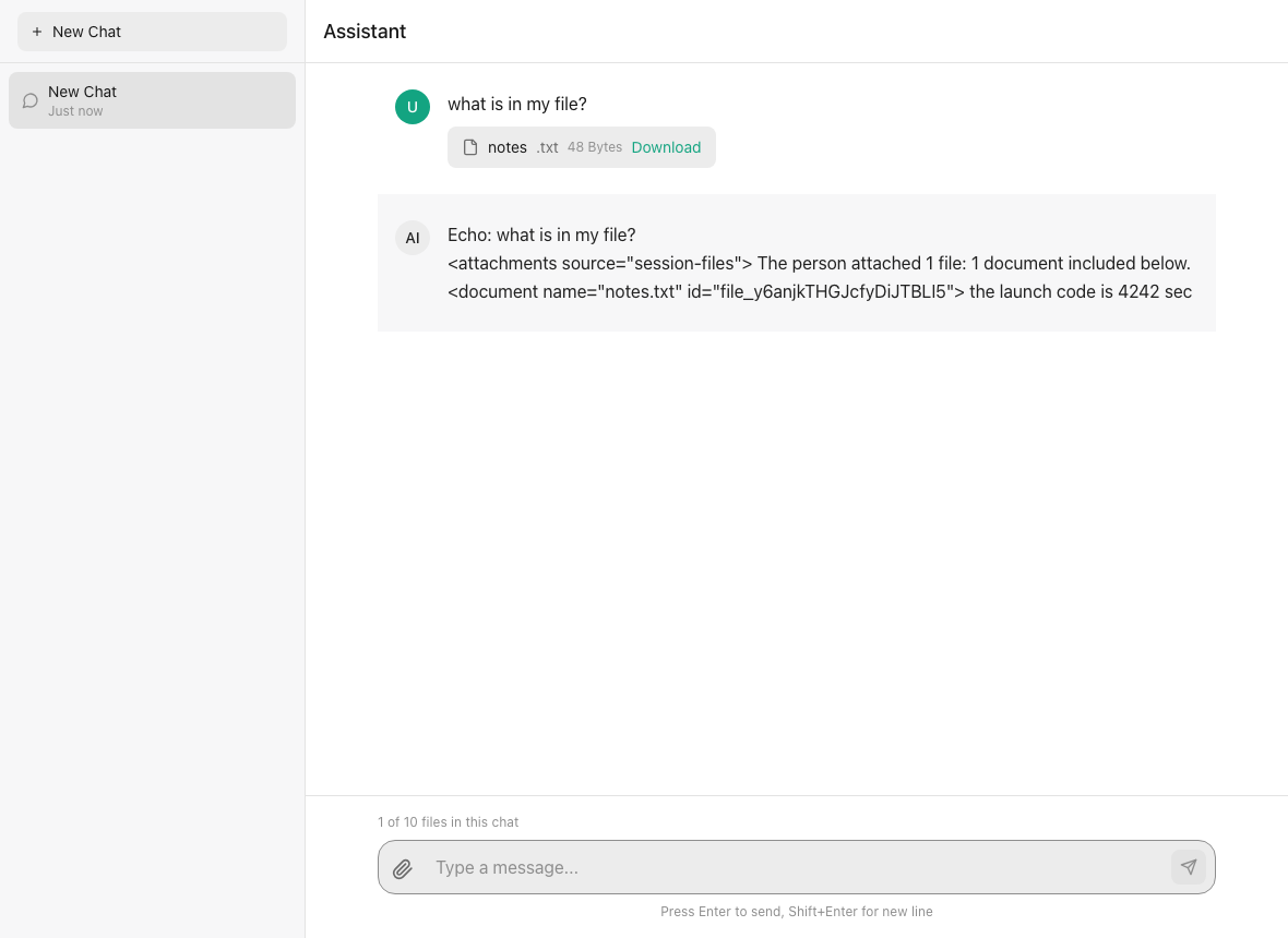 A chat client showing a message with an attached notes.txt and the agent's reply that quotes the document