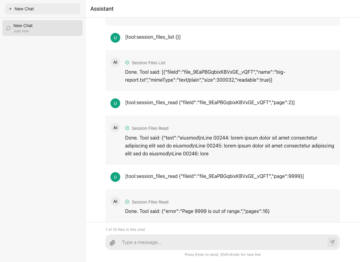 A conversation in which an agent lists a 300 KB document and reads page 2, and is told page 9999 is out of range