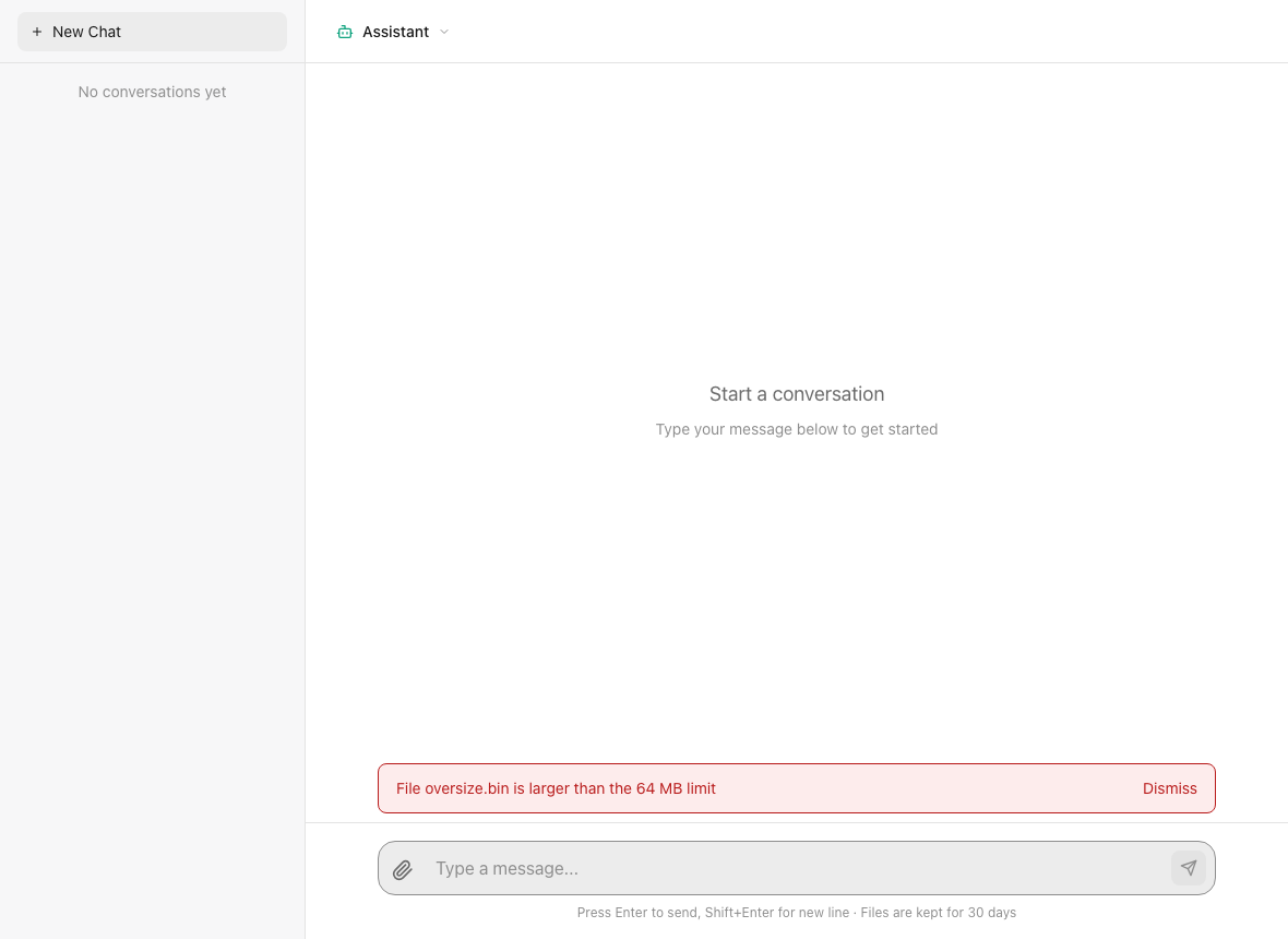 A client refusing to upload oversize.bin because it is larger than the 64 MB limit