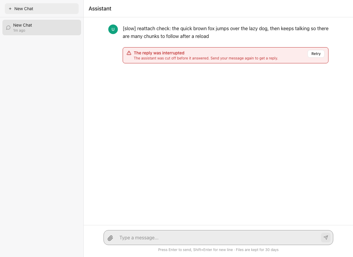 A chat client showing "The reply was interrupted" with a Retry button