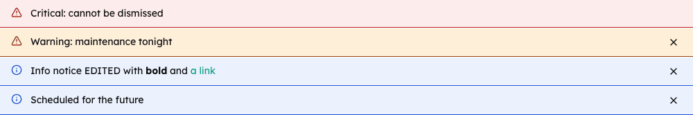 Announcements above the chat: critical, warning and info, with Markdown in the text and a close button on the ones that can be dismissed