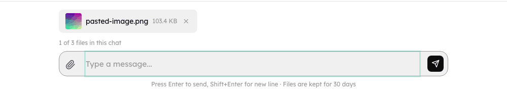 A pasted screenshot attached to the composer: a thumbnail chip with name and size, a remove button and "1 of 3 files in this chat"