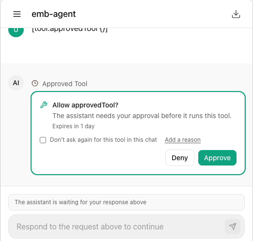 A chat embedded in a host page, showing an approval card inside the frame