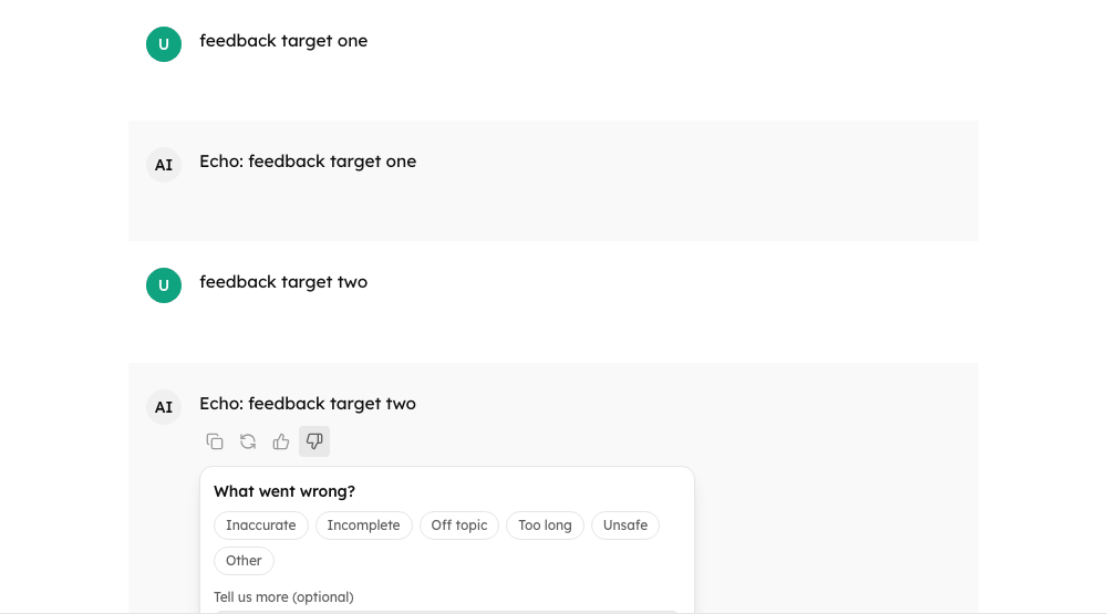 The feedback form under a thumbs-down: reasons as toggle chips and a comment box