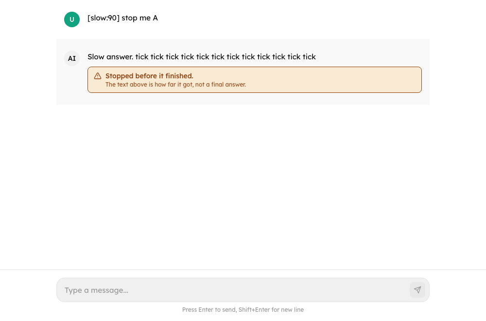 An answer that was stopped: the text so far and a notice saying it is how far it got, not a final answer