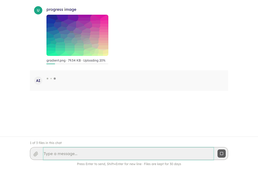 A message bubble with a picture still going up: "Uploading 20%" and a progress bar under its thumbnail
