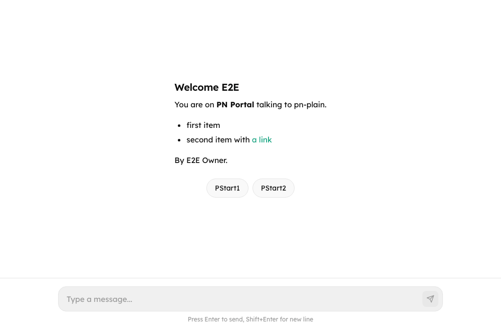 The empty chat: a Markdown welcome with a list and a link, and two suggested messages as chips