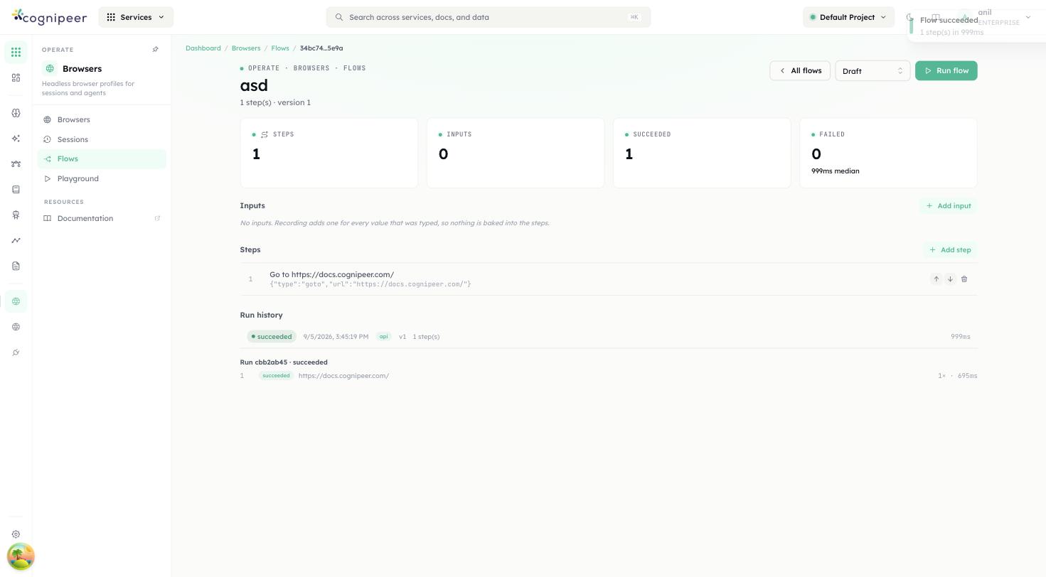 A flow's steps and run history