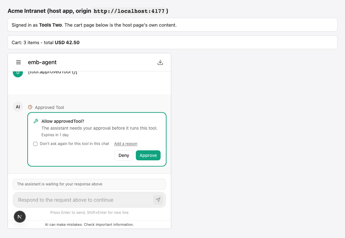 An approval card before a page tool runs