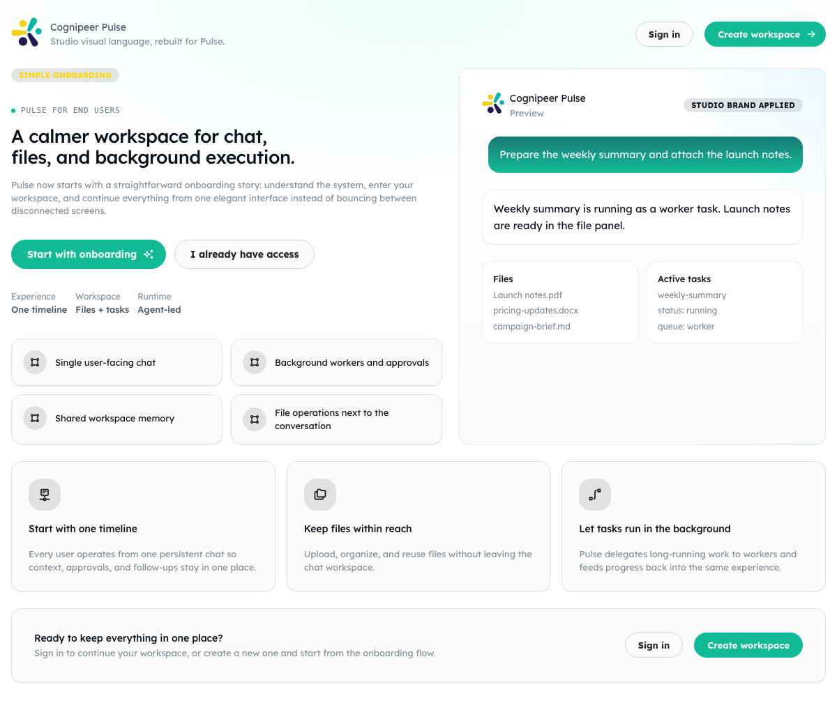 The Cognipeer Pulse workspace — a calmer surface for chat, files, and background execution, with onboarding steps and feature tiles